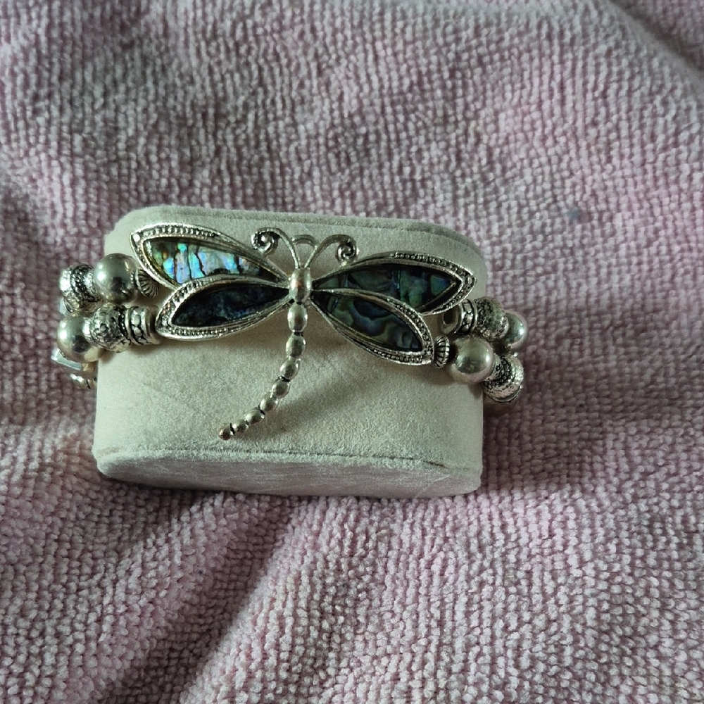 Silver Dragonfly Bracelet with Abalone Inlay